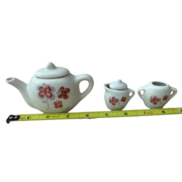 VTG Miniature Porcelain Child’s Tea Set Red Flower Butterfly 11 pc Toy Play Doll - Picture 7 of 7